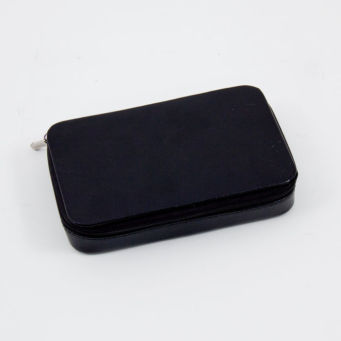 Occasion Gallery Black Color Black Leather Multi Compartment Jewelry Box with Zippered Closure. 7 L x 4.25 W x 1.5 H in.