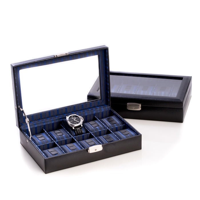 Occasion Gallery Black Color Black Leather 10 Watch Case with Glass Top and Locking Clasp. 12 L x 8 W x 3 H in.