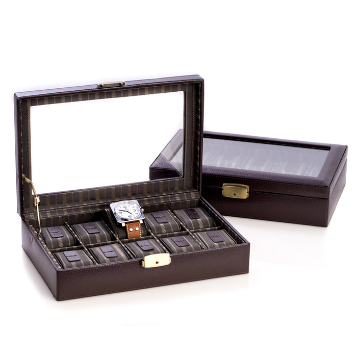 Occasion Gallery Brown Color Brown Leather 10 Watch Case with Glass Top and Locking Clasp. 12 L x 8 W x 3 H in.