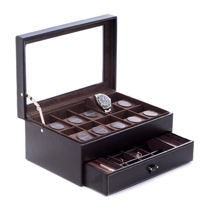 Occasion Gallery Black Pebbled Leather 10 Watch Case, Glass Top, Drawer for Cufflinks & Pens. Divided Compartments w/ Velour Lining & Pillows for Nesting Storage of up to 50mm Bezel Watches. 12.25 L x 8.25 W x 5.25 H in.