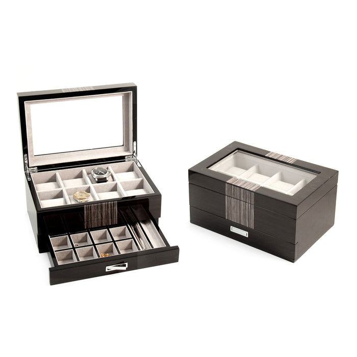 Occasion Gallery Wenge Wood Color Lacquered "Wenge" Wood 8 Watch Box with Glass Top, Drawer for Cufflinks & Pens.  12 L x 8 W x 6 H in.