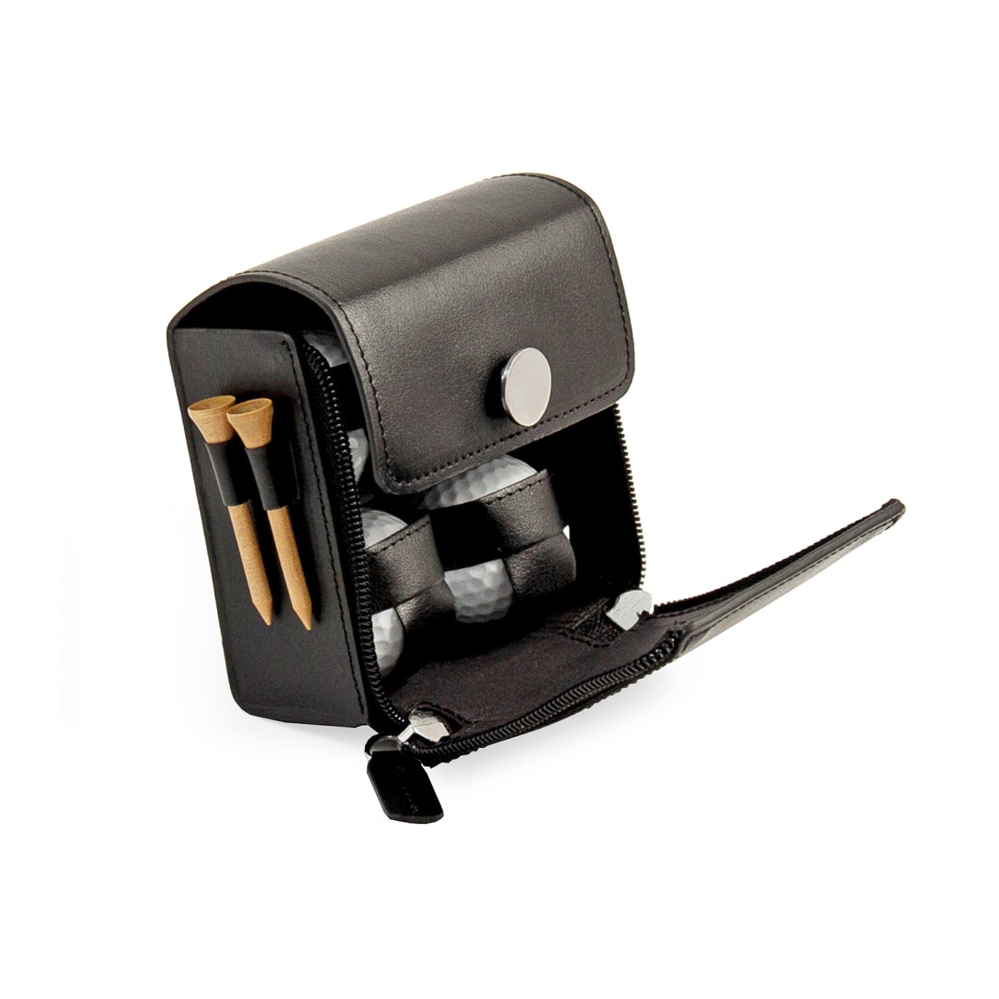 Occasion Gallery Black Color Black Leather Golf Accessories Set with 4 Golf Balls, 2 Tee's , Divot Tool, Ball Marker and Loop to Slid onto Belt. 3.75 L x 2 W x 4 H in.