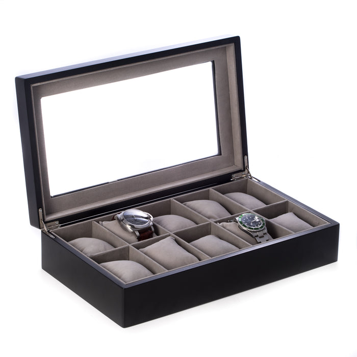 Occasion Gallery Black Color Matte Black Wood 10 Watch Box with Glass Top and Velour Lining & Pillows. 14.75 L x 8.5 W x 3.5 H in.