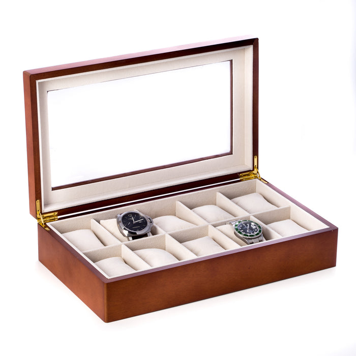 Occasion Gallery Cherry Wood Color Cherry Wood 10 Watch Box with Glass Top and Velour Lining & Pillows. 14.75 L x 8.5 W x 3.5 H in.