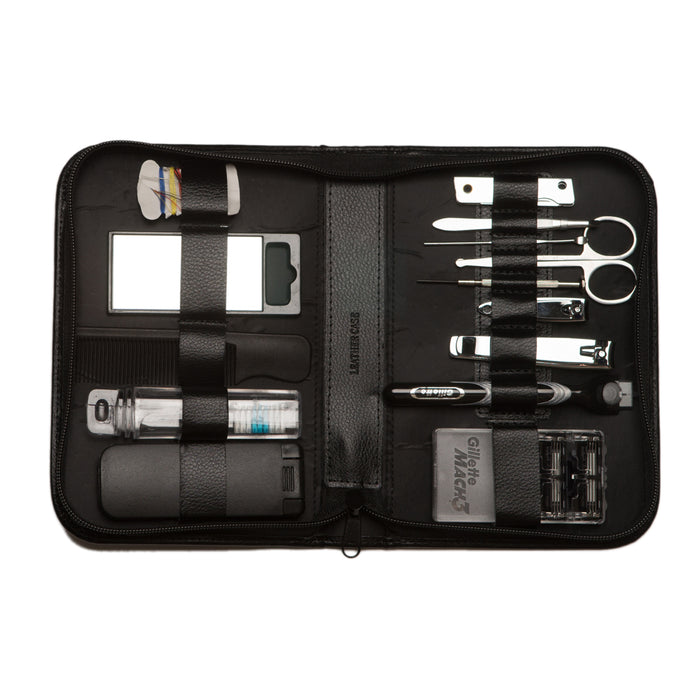 Occasion Gallery 14 Piece Manicure & Grooming Set, "Mach 3" Razor & Refills, Nail Clippers, Lint Brush, Comb, Tooth Brush, Mirror, Scissors, Tweezer, Screwdriver, Cuticle Cleaner, File/Knife & Mend Kit, Black Leather Zip Case. 5.25 L x 7.75 W x 1.25 H in.
