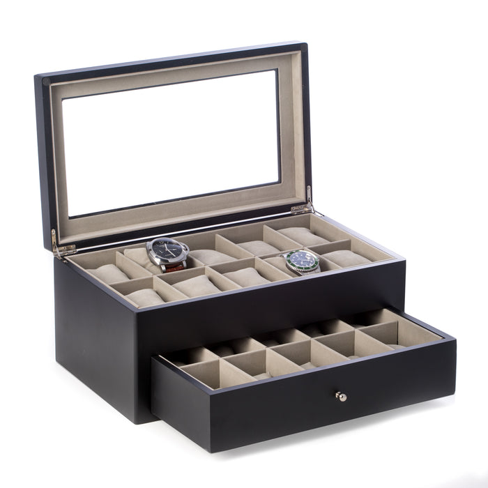 Occasion Gallery Black Color Matte Black Wood 20 Watch Box with Glass Top & Drawer, Velour  Lining & Pillows. 14.75 L x 8.5 W x 6.5 H in.