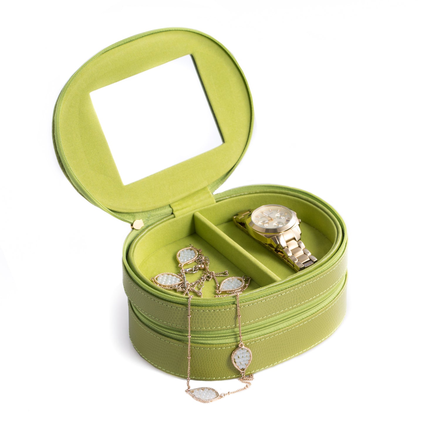 Occasion Gallery Lime Color Lime "Lizard" Leather Two Level Jewelry Case with Mirror, Zipper Closures and Soft Velour lined. 6.5 L x 4.75 W x 2.85 H in.
