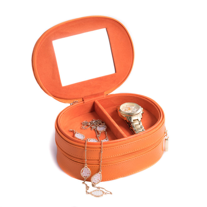 Occasion Gallery Orange Color Orange "Lizard" Leather Two Level Jewelry Case with Mirror, Zipper Closures and Soft Velour lined. 6.5 L x 4.75 W x 2.85 H in.