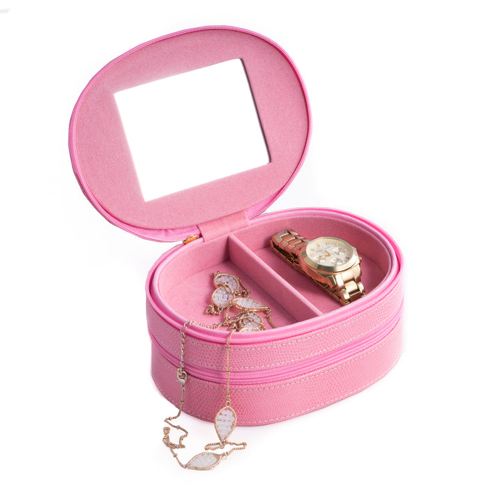 Occasion Gallery Pink  Color Pink "Lizard" Leather Two Level Jewelry Case with Mirror, Zipper Closures and Soft Velour lined. 6.5 L x 4.75 W x 2.85 H in.