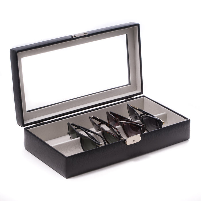 Occasion Gallery Black Color Black Leather Multi Eyeglass Case with Glass Top and Locking Clasp. Velour lined. 14.5 L x 7.5 W x 3.5 H in.