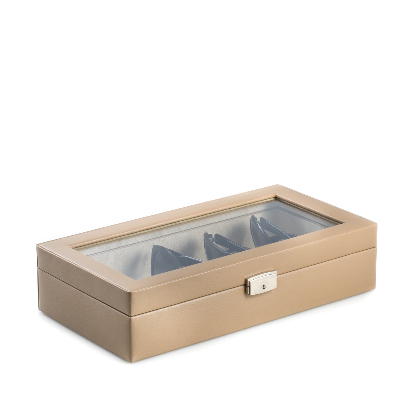 Occasion Gallery Taupe Color Taupe Leather Multi Eyeglass Case with Glass Top and Locking Clasp. Velour lined. 14.5 L x 7.5 W x 3.5 H in.