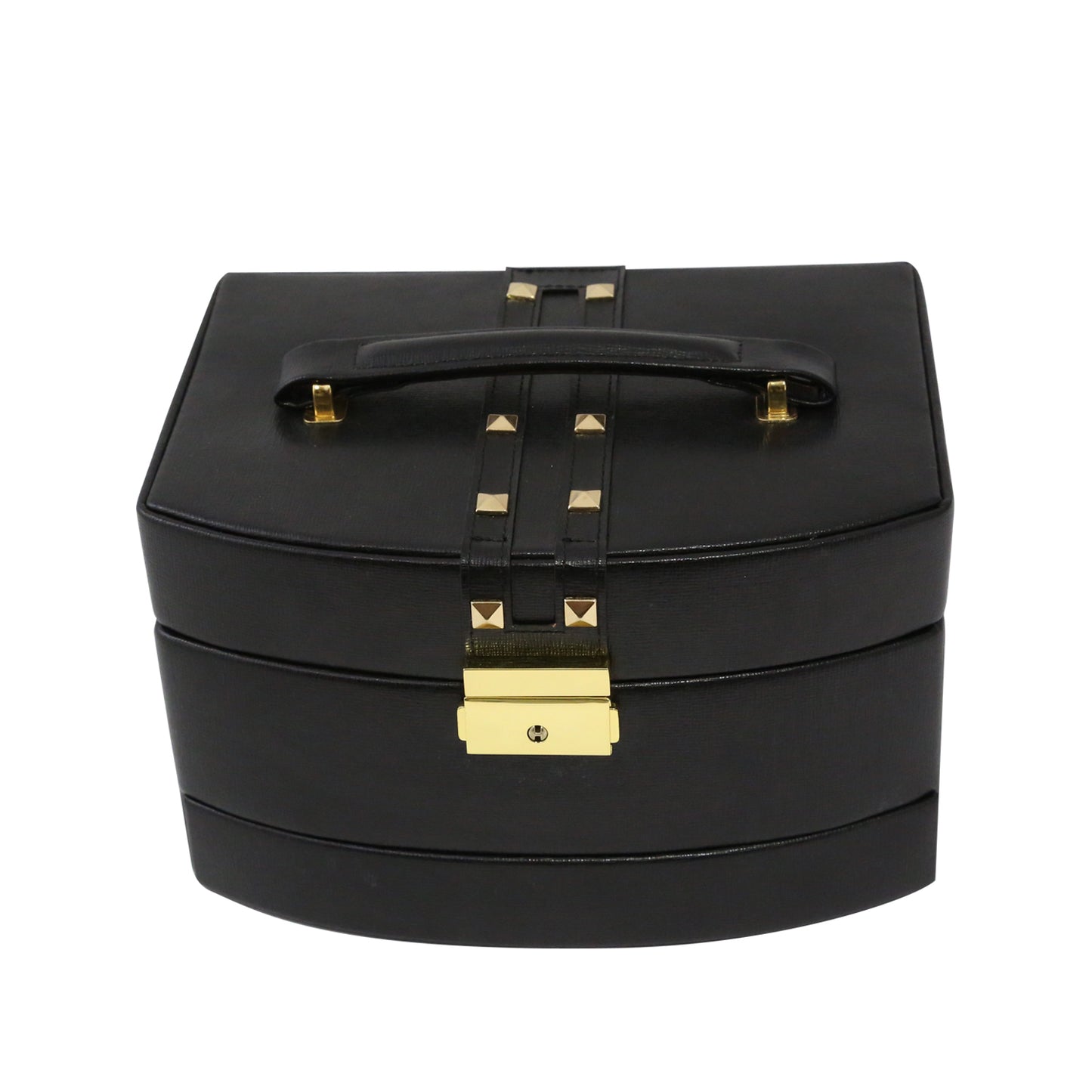 Occasion Gallery Black Color 3 Level Hinged Black Leather Jewelry Box with Studs. Includes Multi Compartments, Mirror, Travel Roll and Locking Clasp. 6.5 L x 8.5 W x 5 H in.