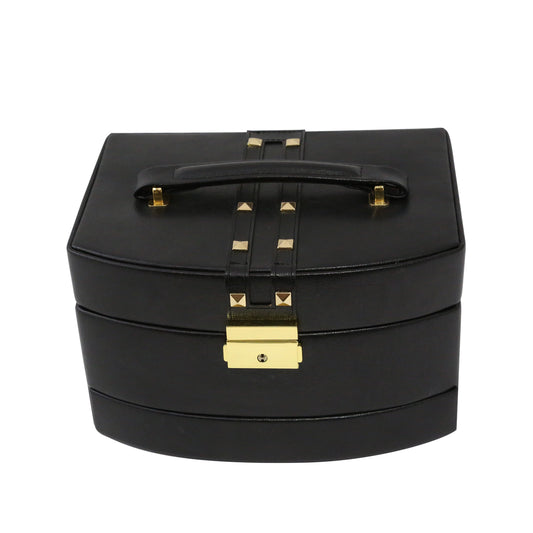 Occasion Gallery Black Color 3 Level Hinged Black Leather Jewelry Box with Studs. Includes Multi Compartments, Mirror, Travel Roll and Locking Clasp. 6.5 L x 8.5 W x 5 H in.