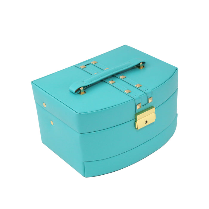 Occasion Gallery Turquoise Color 3 Level Hinged Turquoise Leather Jewelry Box with Studs. Includes Multi Compartments, Mirror, Travel Roll and Locking Clasp. 6.5 L x 8.5 W x 5 H in.