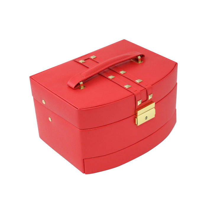 Occasion Gallery Red Color 3 Level Hinged Red Leather Jewelry Box with Studs. Includes Multi Compartments, Mirror, Travel Roll and Locking Clasp. 6.5 L x 8.5 W x 5 H in.