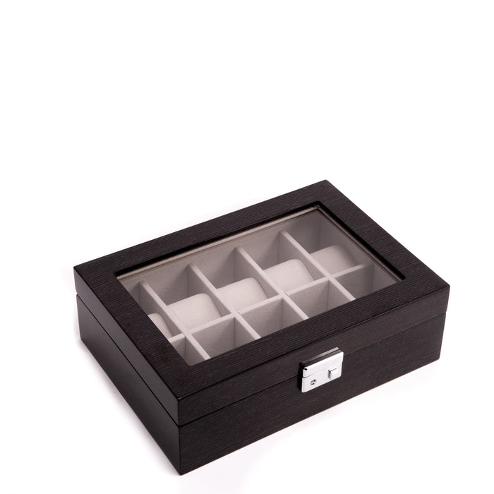 Occasion Gallery Gray Color Lacquered "Steel Gray" Wood 10 Watch Case with See-thru Glass Top, Soft Velour Lined, Locking Clasp and Silver Accents. 8.5 L x 12.25 W x 4 H in.