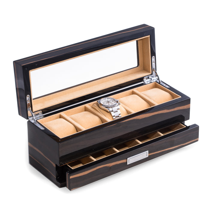 Occasion Gallery Ebony Color Lacquered  "Ebony" Wood  5 Watch Box with Glass Top & 5 Compartment Accessory Drawer and Chrome Accents. 12 L x 4.25 W x 5.15 H in.
