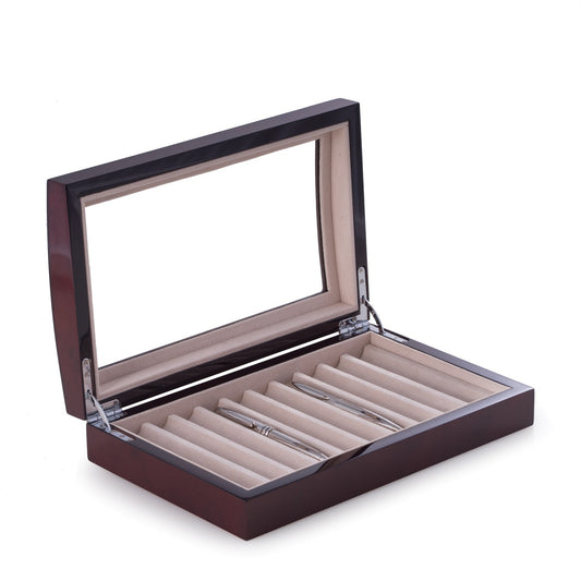 Occasion Gallery Brown Color Lacquered "Burl" Wood 10 Pen Box with See-thru Glass Top and Velour Lining. 7.25 L x 11.25 W x 2.35 H in.