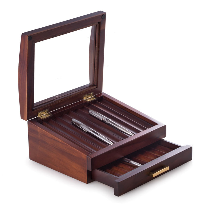 Occasion Gallery Walnut Color Walnut Wood 19 Pen Box with Glass See-thru Top, Drawer and Gold Accents. 7 L x 8.5 W x 4.25 H in.