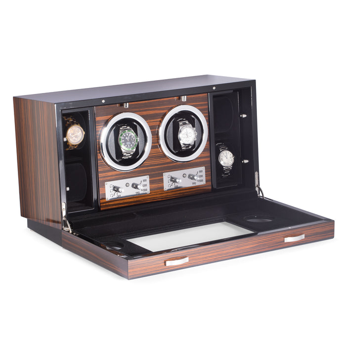 Occasion Gallery "Ebony" Burlwood Watch Winder & Storage Case, Glass Face. Winding Modes Clockwise, Counterclockwise or Dual Direction Rotation. Winding Cycles for 900, 1200 or 1500 Rotations Per Day.  LED Backlights. AC Power. 8 L x 17.75 W x 10.75 H in.
