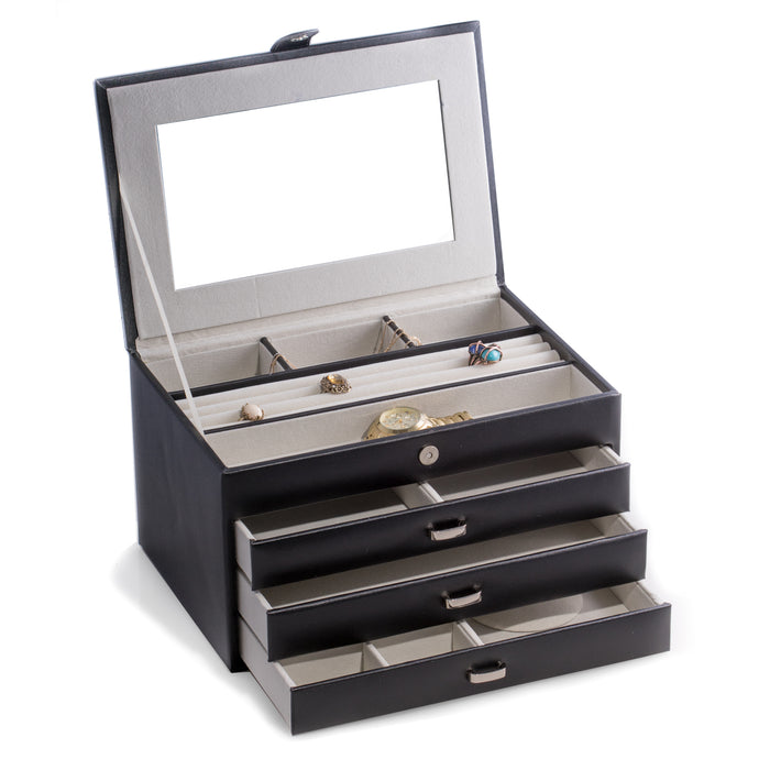 Occasion Gallery Black Color Black Leather 4 Level Jewelry Box with Multi Compartments, Mirror, three drawers, Soft Velour Lined and Snap Closure. 7.75 L x 11.75 W x 6.75 H in.
