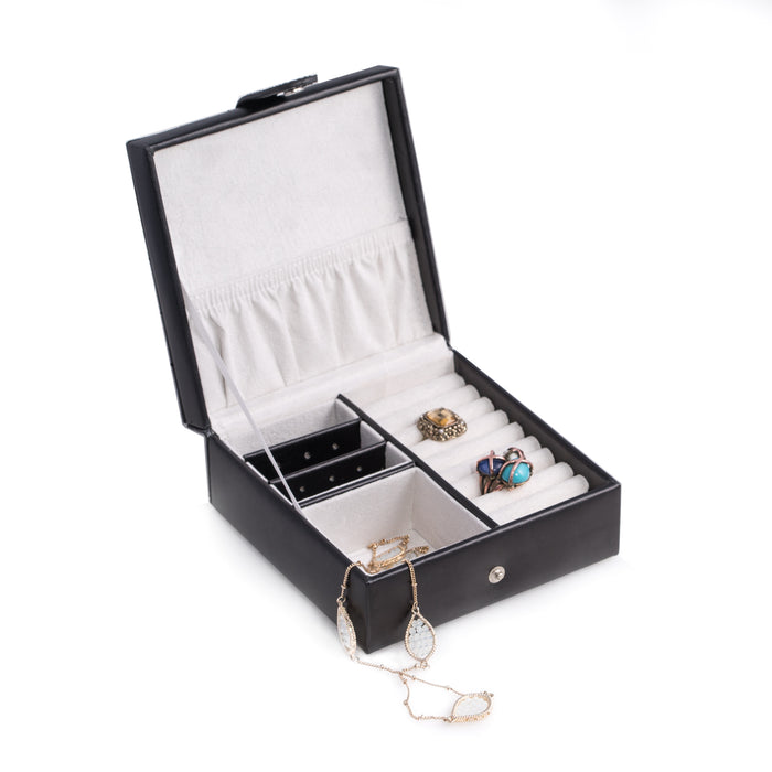 Occasion Gallery Black Color Black Leather Square Jewelry Box with Slots for Rings, Earrings and Multi Compartments with a Snap Closure. 5.25 L x 5.25 W x 2.35 H in.