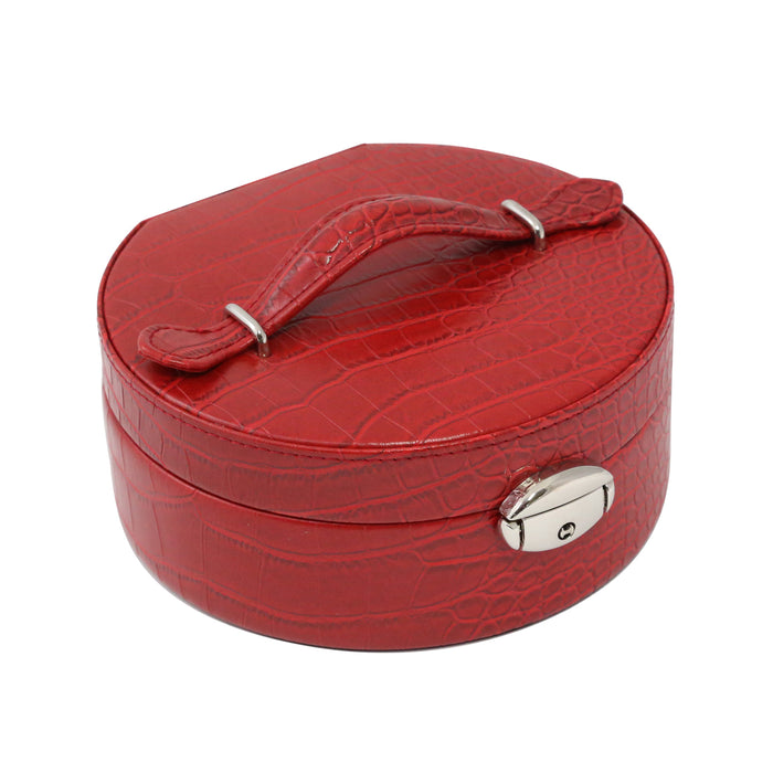 Occasion Gallery Red Color Red "Croco" Leatherette Round Jewelry Box with Slots for Rings, Mirror, Multi Compartments and Locking Clasp. 5.75 L x 6 W x 2.75 H in.