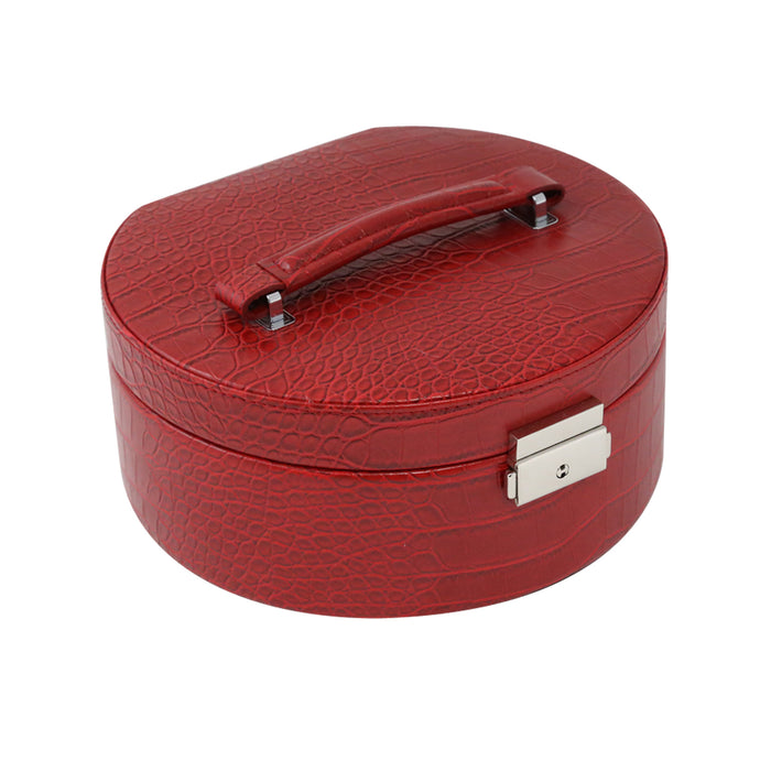 Occasion Gallery Red Color Red "Croco" Leatherette Round Jewelry Box with Removable Valet, Mirror, Slots for Rings, Multi Compartments and Locking Clasp. 7.5 L x 8 W x 3.5 H in.