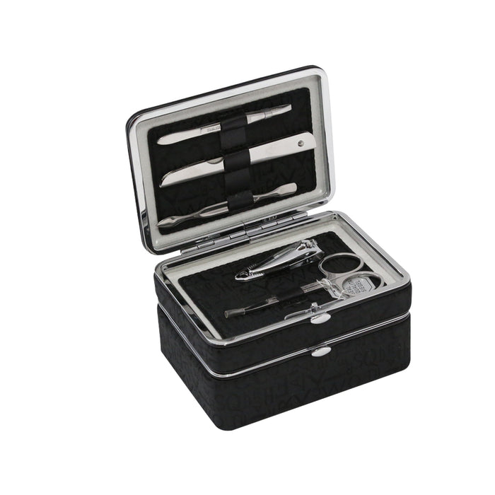 Occasion Gallery Black Color 5 Pieces Manicure Set with Travel Jewelry Box. Includes Clippers, Tweezers, File Cuticle Cleaner and Scissors, Mirror and Slots for Earrings and Rings in Black Fabric Case. 3.5 L x 4.75 W x 2.75 H in.