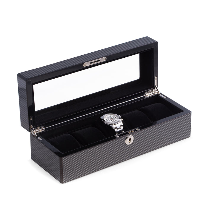 Occasion Gallery Gray Color Lacquered "Carbon Fiber" Steel Gray 5 Watch Case with See-thru Glass Top, Black Velour Lined and Key Lock. 4.5 L x 12.25 W x 3.85 H in.