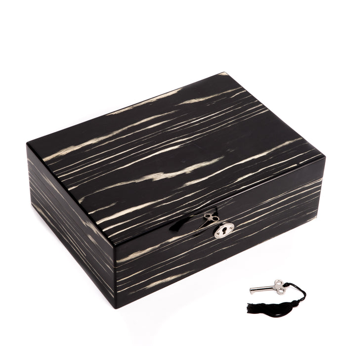 Occasion Gallery Ebony Color Lacquered "Ebony" Wood Jewelry Box with Valet Tray and Key Lock. 8 L x 11.25 W x 4 H in.