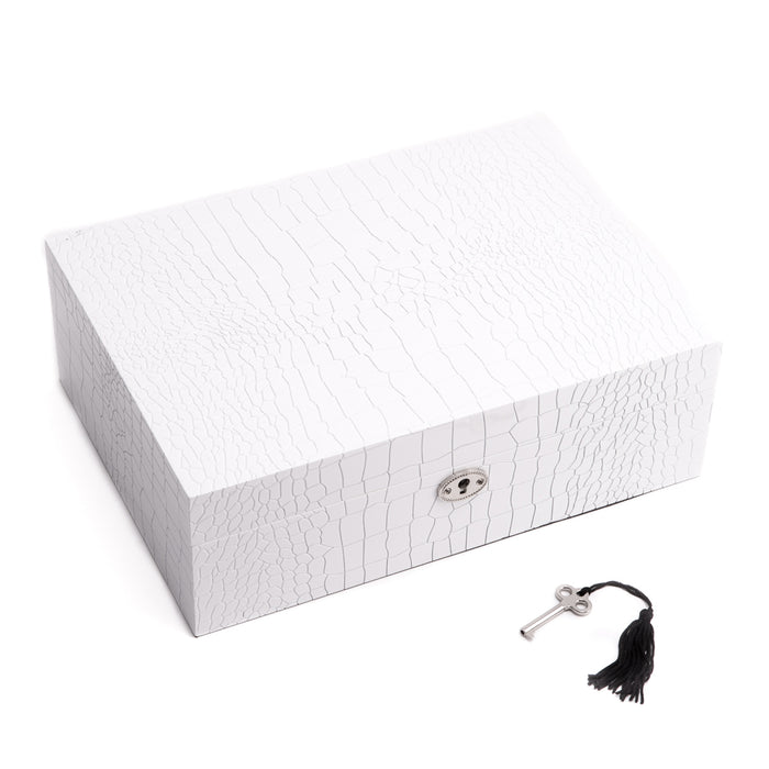 Occasion Gallery White Color White "Croco" Design Wood Jewelry Box with Valet Tray and Key Lock. 8 L x 11.25 W x 4 H in.