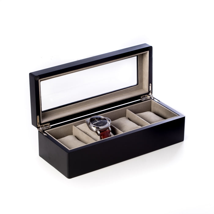 Occasion Gallery Black  Color Matte Black Wood 4 Watch Box with Glass Top and Velour Lining & Pillows 11.25 L x 4.5 W x 3.25 H in.