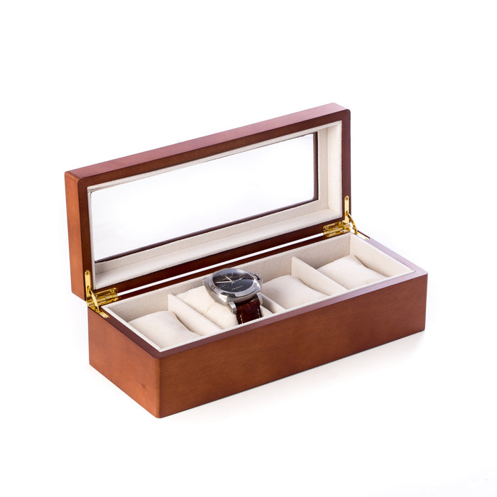 Occasion Gallery Brown Color Cherry Wood 4 Watch Box with Glass Top and Velour Lining & Pillows 11.25 L x 4.5 W x 3.25 H in.