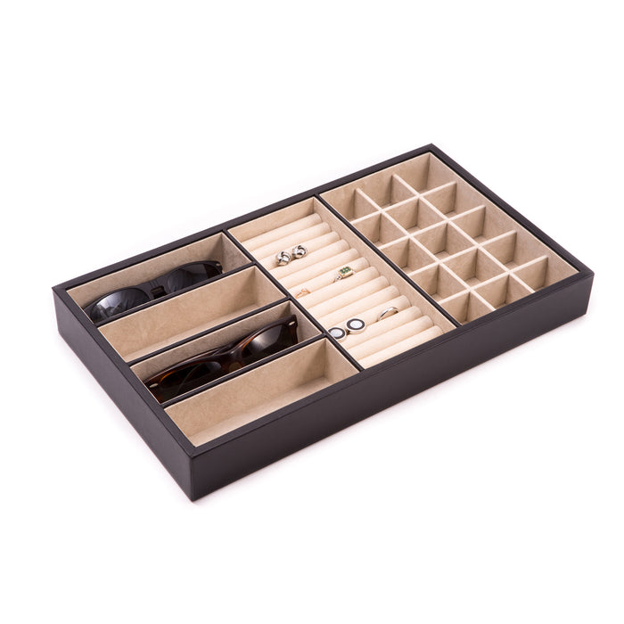 Occasion Gallery Black Color Black Leather Open Face Valet Tray with 4 Sections for Glasses, 15 Sections for Small Jewelry and Slots for Rings or Cufflinks 15.75 L x 9 W x 2 H in.