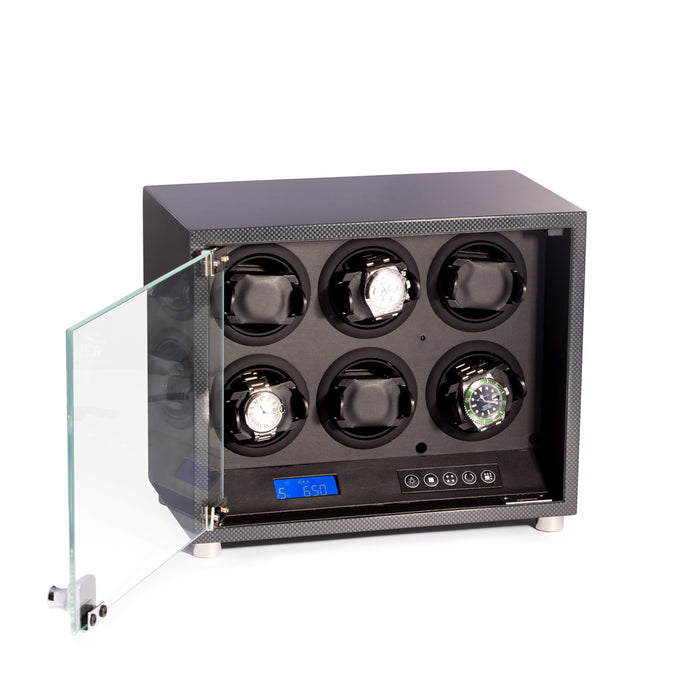Black/Gray "Carbon Fiber" Finish Watch Winder, Locking Glass Door. LCD Control Board, Remote Control. Winding Mode Clockwise, Counterclockwise or Dual Direction. Winding Cycles 650, 750, 850, 1000 & 1950 RPD per Watch. AC Power 13.5 L x 7.25 W x 11 H in.