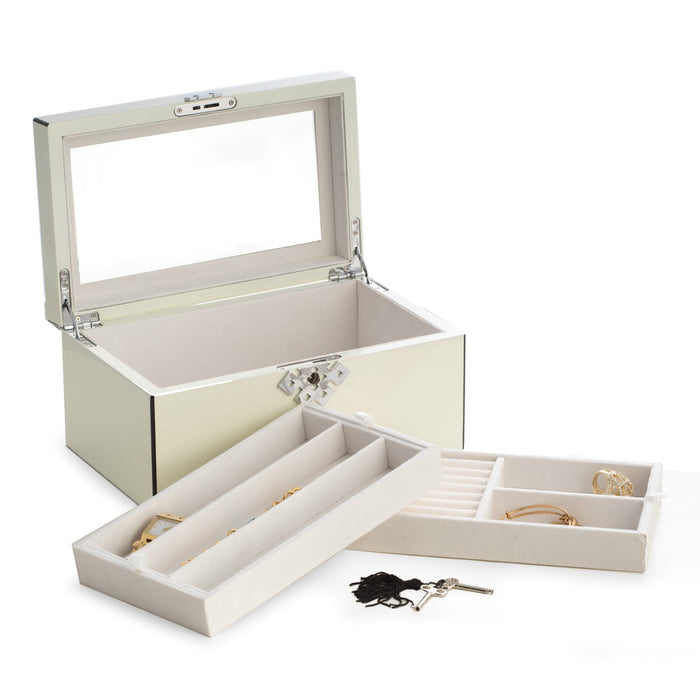 Occasion Gallery White Color White Lacquered Wood 3 Level Jewelry Box with Slots for Rings, Mirror Under Lid and Locking Clasp 11 L x 6.75 W x 5 H in.