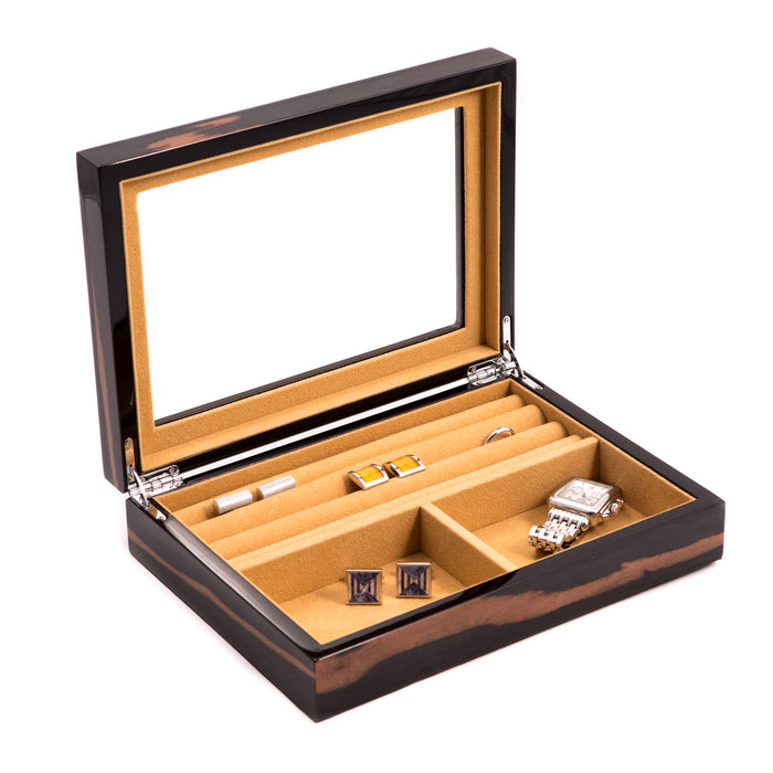 Occasion Gallery Ebony Color Lacquered "Ebony" Burl Wood Valet Box with Glass Top, Slots for Cufflinks and Magnetic Closure 10 L x 7 W x 2.25 H in.