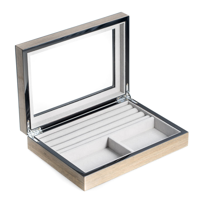 Occasion Gallery Gray Color Lacquered "Silver Walnut" Wood Valet Box with Glass Top, Slots for Cufflinks and Magnetic Closure 10 L x 7 W x 2.25 H in.