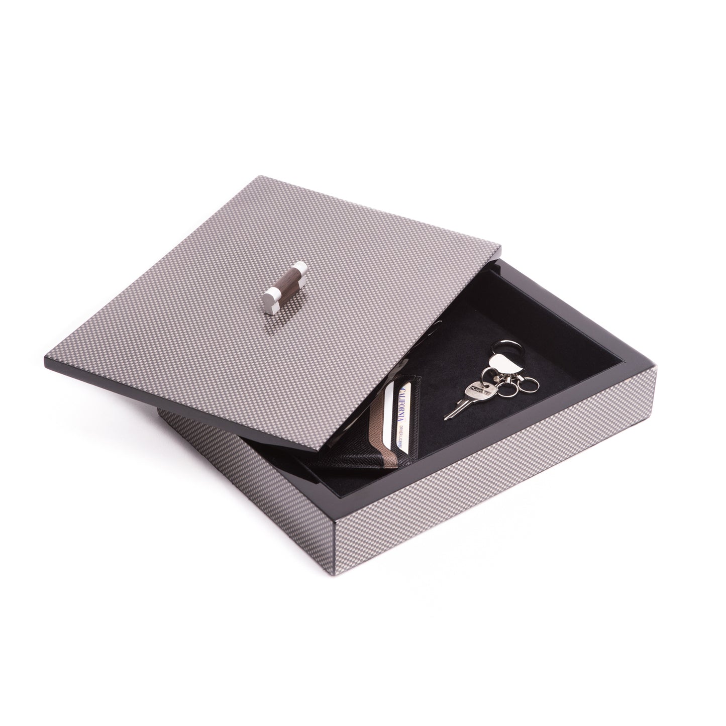 Occasion Gallery Black/Gray Color "Carbon Fiber" Lacquered Wood Tray with Cover 10.25 L x 8 W x 2 H in.