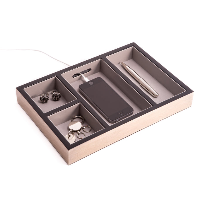 Occasion Gallery Ash Wood Color "Ash" Lacquered Burl Wood Open Valet with Soft Velour Lining and Opening for Charging Cords  11.5 L x 8 W x 1.5 H in.
