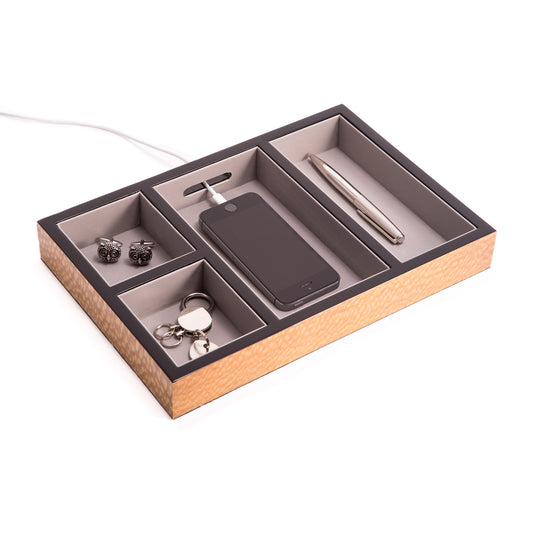 Occasion Gallery Lace Wood Color "Lace" Lacquered Burl Wood Open Valet with Soft Velour Lining and Opening for Charging Cords  11.5 L x 8 W x 1.5 H in.