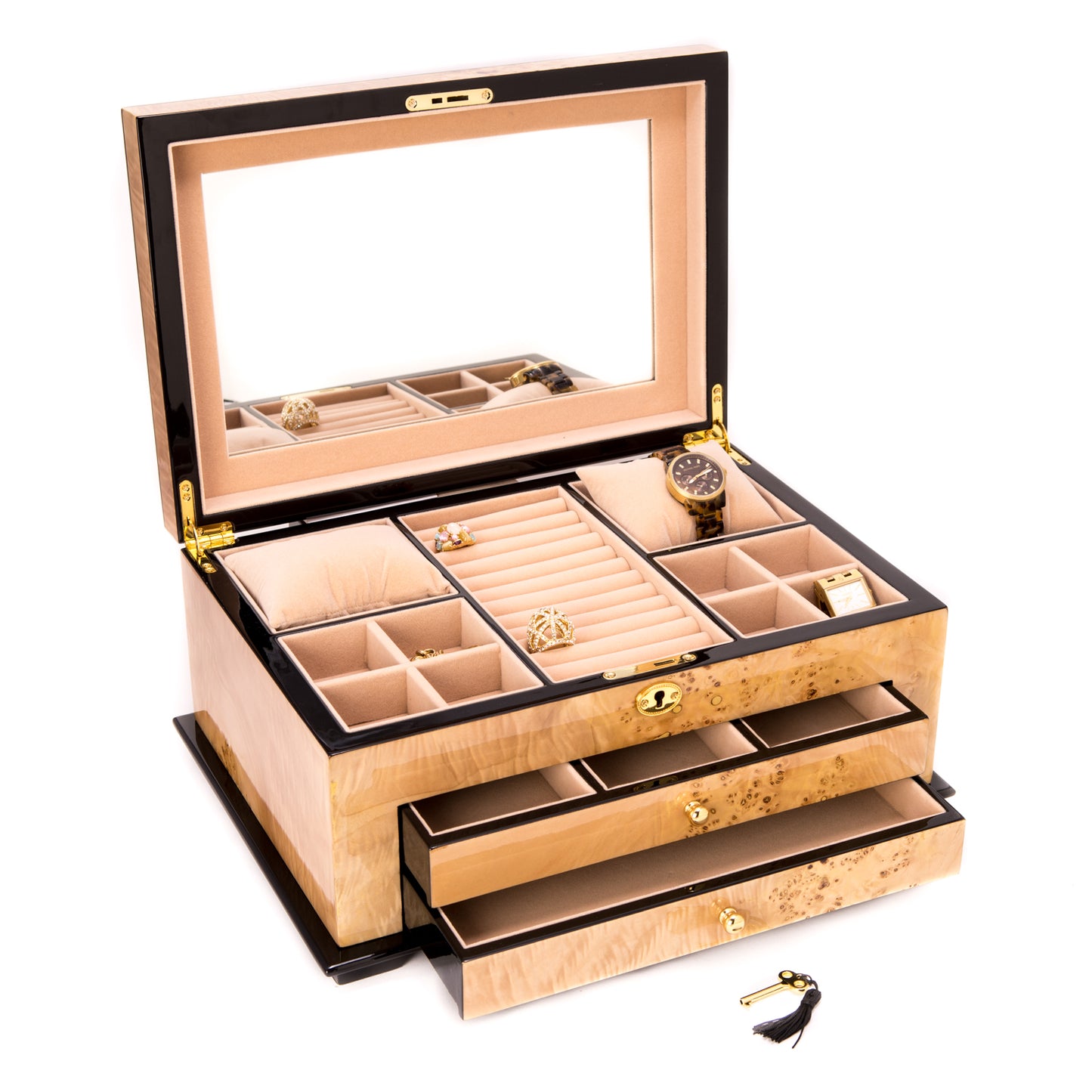 Occasion Gallery Maple Color "Birdseye Maple" Lacquered Wood 3 Level Jewelry Box with Gold Accents and Locking Lid. Features 2 Drawers, Slots for Rings, Pillows for Watches or Bracelets, Soft Velour Lining and Mirror Under Lid 15.75 L x 11 W x 7 H in.