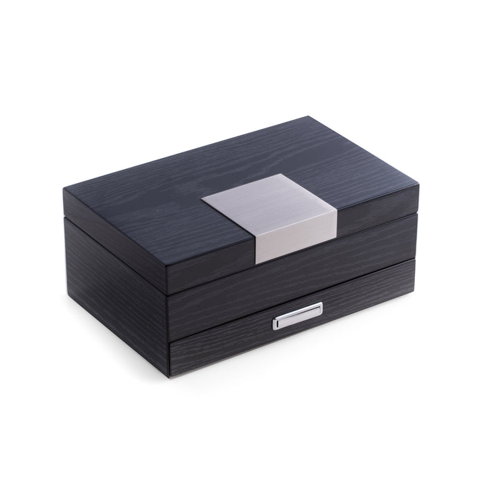 Occasion Gallery Gray Color "Steel Gray" Lacquered 2 Level Jewelry Box with Drawer, Slots for Rings, Hooks Under Lid, Soft Velour Lining and Stainless Steel Accents.  9.75 L x 6.25 W x 4 H in.