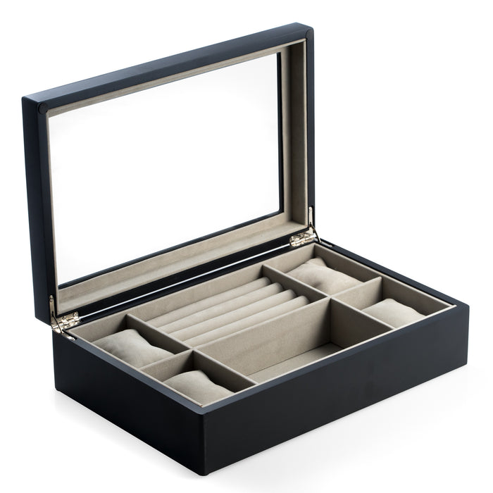 Occasion Gallery Black Color Matte Black Wood Valet and Watch Box with Glass Top and Soft Velour Lining. Slots for Rings and Cufflinks and 4 Watch Pillows. 12.5 L x 8.25 W x 3.25 H in.