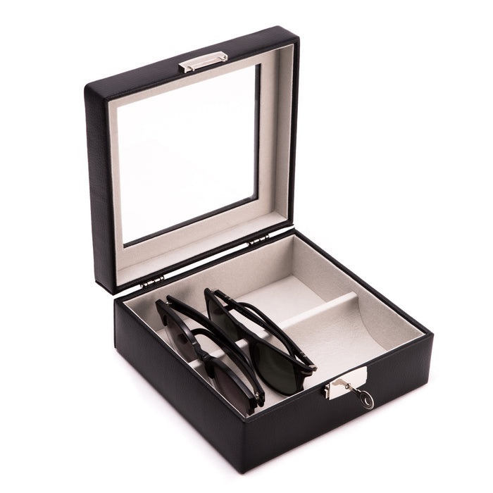 Occasion Gallery Black Color Black Leather Multi Eyeglass Case with Glass Top and Locking Clasp with Soft Velour Lining 7.25 L x 7.75 W x 3.25 H in.