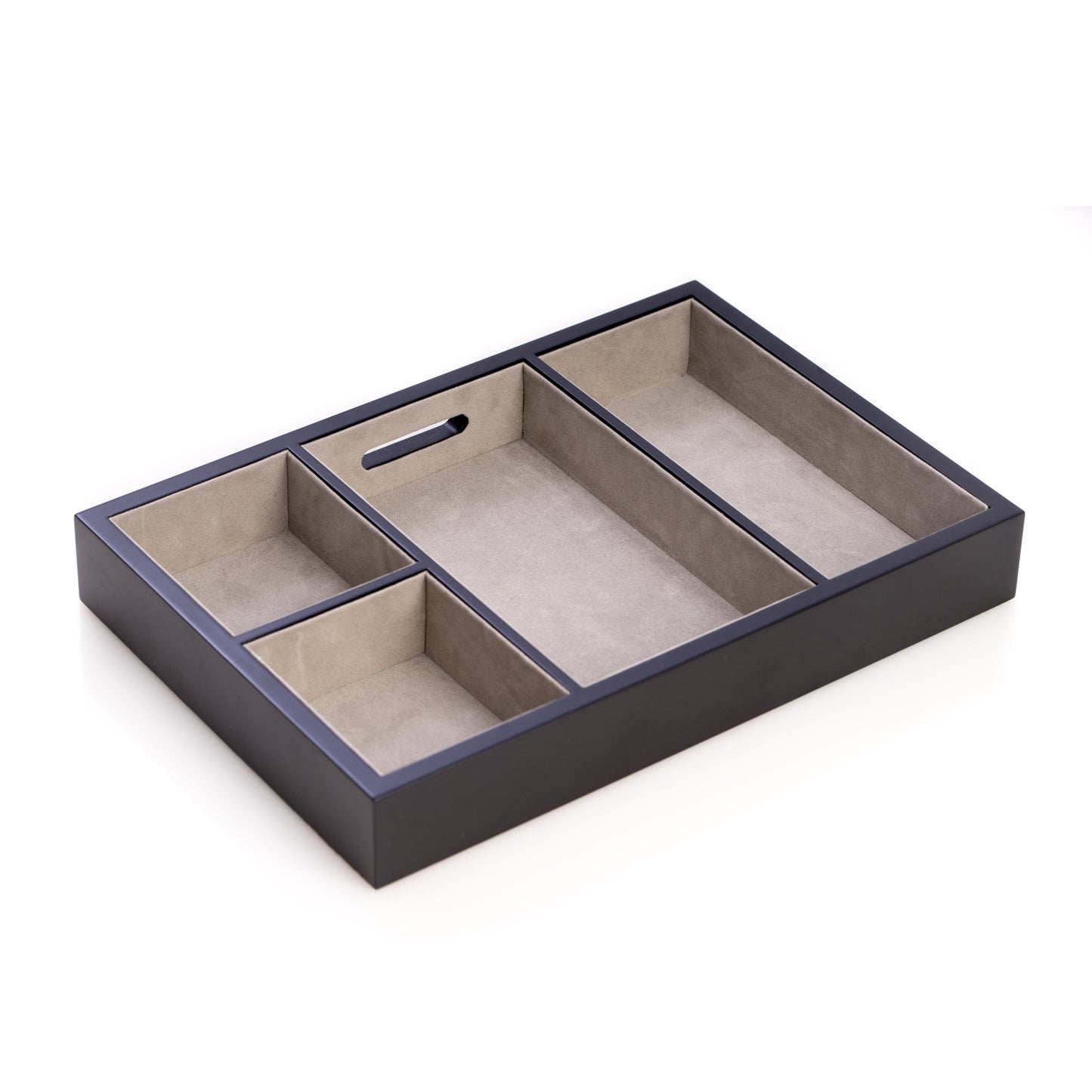 Occasion Gallery Black Color Matte Black Wood Open Valet with Soft Velour Lining and Opening for Charging Cords  11.5 L x 8 W x 1.5 H in.