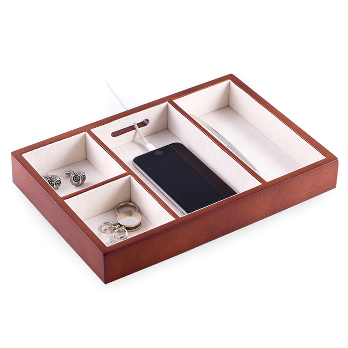 Occasion Gallery Brown Color Cherry Wood Open Valet with Soft Velour Lining and Opening for Charging Cords  11.5 L x 8 W x 1.5 H in.
