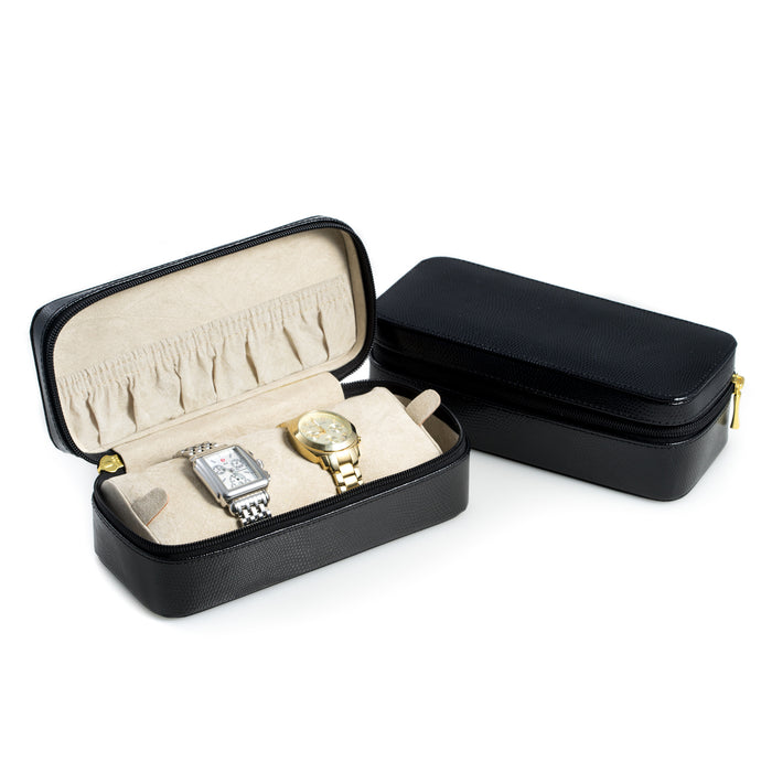 Occasion Gallery Black Color Black "Lizard" Leather Watch and Bracelet Case with Soft Velour Lining and Zipper Closure. 7.75 L x 3.25 W x 2.5 H in.