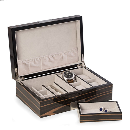 Occasion Gallery Brown Color Lacquered "Ebony" Wood Valet Box with Multi Compartments for Storage, 4 Watch Pillows, Removable Valet Tray and Stainless Steel Accents. 11.75 L x 8 W x 4 H in.